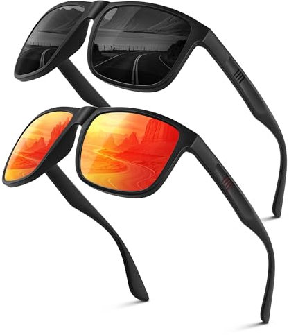 Wrimen Sonnenbrille Herren-Polarisiert-UV400 Blend Schutz-Mode-Retro-Unisex-Ultraleicht-Sonnenbrillen-Klassisch Rechteckig-Outdoor Sport Brille für Fahren Reise Angeln Schwarz-Rot