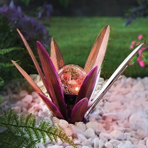 Coopers of Stortford - Solar Agave Stake Light - Colour-Changing LED Crackled Glass Globe - Antique Bronze Finish - Decorative Solar Garden Art - Path and Flower Bed Light (Pink)
