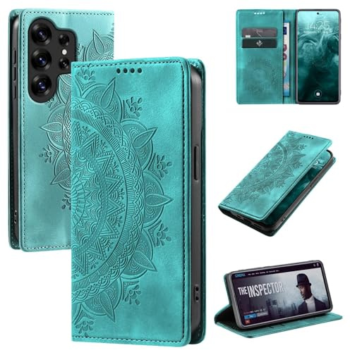 LBH Handyhülle für Samsung Galaxy S25 Ultra Mandala Klapphülle RFID Schutz Kartenfächer Geldfach Design Cover Case Flipcase Türkis