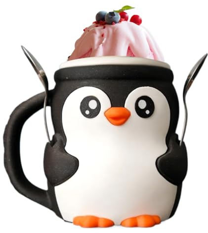 Niedlicher Pinguin Eisbecher Halter, 3D Gedruckter Eisbecher Halter Halterung mit Löffel und Frostschutz Griff, Leck-ProofEis am Stiel gemütlich, Einzigartiges Geschenk für Eisliebhaber