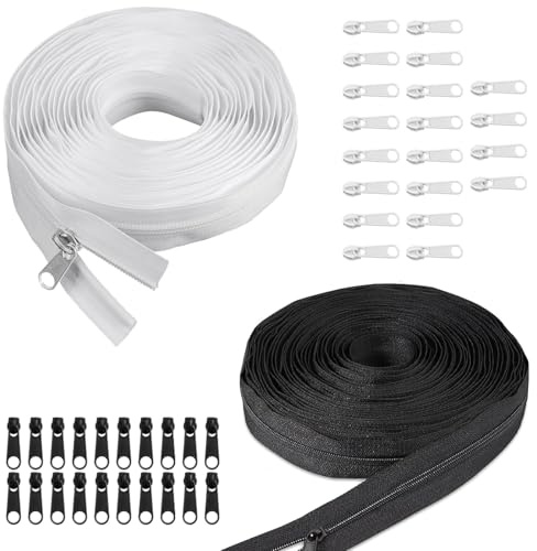 42-teiliges Set Reißverschluss, Endlosreißverschluss Mit Zipper, 10m Schwarz Und 10m Weiß, 20 Schwarze Und 20 Weiße Reißverschlussköpfe, Ideal Für Kleidung, Taschen Und Bettwäsche