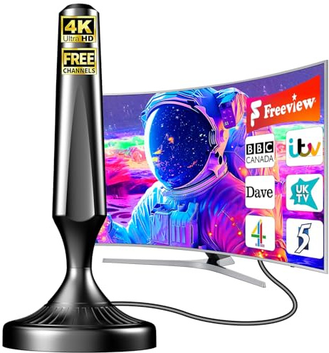 Indoor TV Aerial for Freeview HD, Long Range Digital TV Aerial with 360° Reception & Magnetic Base, Supports 4K/1080P, Easy Setup for Smart & Older TVs, 5m Coaxial Cable, Freeview Channels