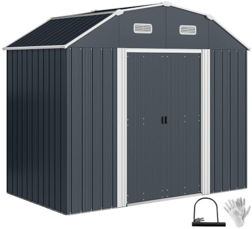 Outsunny Gerätehaus aus Stahl, 2,7 m² Dunkelgrau 238 x 132 x 198,5 cm | Gartenschuppen mit UV-Schutz, Regal, Geräteschuppen mit Schloss, 2 Schiebetüren, Fundament