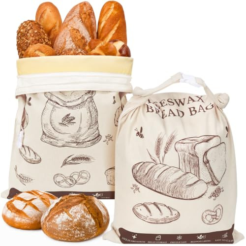 NiHome 2 Pack Beeswax-Lined Cotton Bread Bags, 43 x 32 cm | Reusable Cotton Canvas Bags with Beeswax Lining for Storing Homemade Bread and Sourdough in the Fridge or Freezer