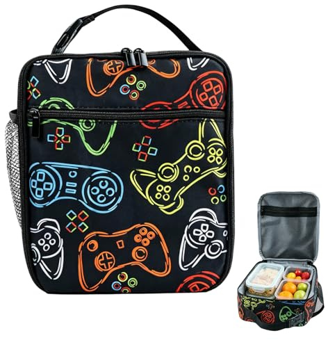 Kideerly Game Boys Lunch Bag, Gaming Lunch Box Kids, Reusable Boys Lunch Box, Portable Waterproof Insulated Kids Lunchbag with Mesh Bag for School Picnic Outdoor, Birthday Boys Gifts, Christmas