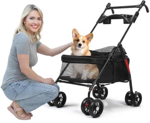 Poussette 4 roues pliable pour petit chien chat charge 10kg poignée réglable maille aérée visuelle support gobelet transport voyages randonnée animal domestique Noir