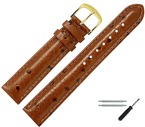 MARBURGER Uhrenarmband 14mm Leder Braun Gold Strauß Prägung Mit Naht - Montage Set 7561435000220
