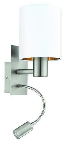 EGLO Wandlampe Bett Pasteri Textil Wandleuchte | Schlafzimmer mit LED Leseleuchte, Leselampe Wandmontage aus Metall in Silber und Stoff in Weiß und Kupfer, E27 Fassung