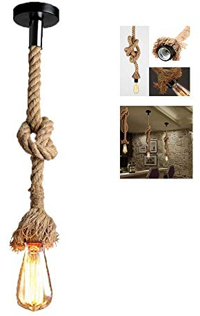 1.5m Vintage corde de chanvre Lampe suspendue en chanvre de style rétro AC 220V E27 pour salon, bar et salle de bain, décor rustique corde de chanvre (sans ampoule)