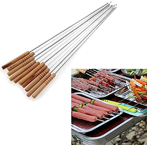 Brussels08 10/12 Pcs Outdoor Picnic BBQ Barbecue Skewers Roast Stick Stainless Steel Needle with Wood Handle size 10 Pcs