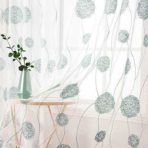 MIULEE Vorhänge mit Florales Stickerei, Gardinen Weiß mit Blau Muste für Wohnzimmer, Schlafzimmer Vorhang Transparent mit Ösen, 2er Set Voile Blumen Durchsichtig Vorhänge, Jeder H 245 X B 140cm