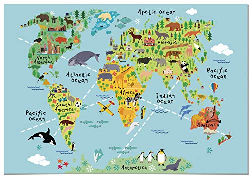 Panorama Leinwandbild Bild für Kinderzimmer Weltkarte Tiere 100x70cm - Gedruckt auf Leinwand - Bilder für Babyzimmer - Dekoration Kinderzimmer