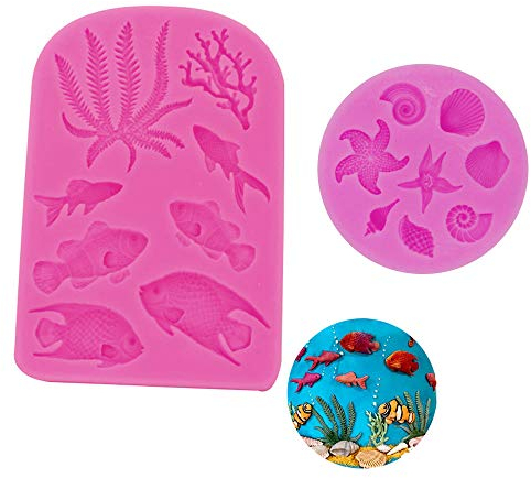 BLUGUL Poisson Moule Silicone, Algue Etoile de Mer Coquillage Conque Moule, pour Chocolat Fondant Gâteau Gelée Bonbons Dessert, 2pcs