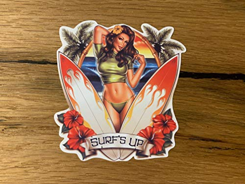 24/7stickers MG062 / Surfer Girl Aufkleber 9,5x8,5cm Sticker Surf Board Oldschool Beach Oldtimer Buggy Offroad 4x4 Vintage Hawaii Beach Urlaub