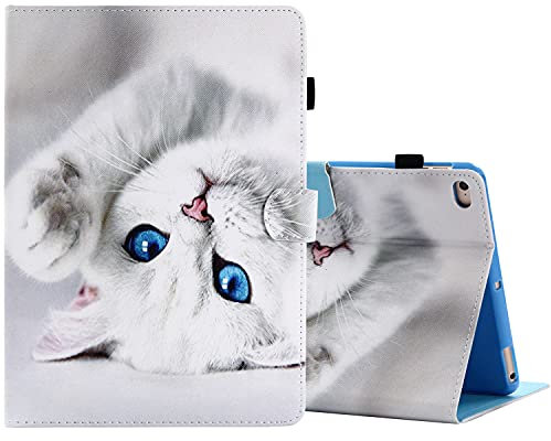 ONETHEFUL Coque Libro Étui pour Apple iPad 9.7 2017 2018 / iPad Air 2013 / iPad Air 2 2014 Tablette Housse Cover Protection Étuis avec PU Cuir et Stand - Chat Blanc