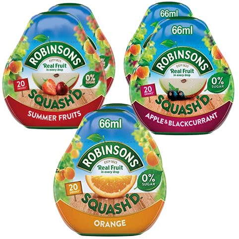 Robinsons Squash'd - 3 x Flavour 6 Pack ( 6 x 66ml Bottles ) 2 x Summer Fruits Bundled with 2 x Orange & 2 x Apple & Blackcurrant - No Added Sugar Real Fruit in Every Drop