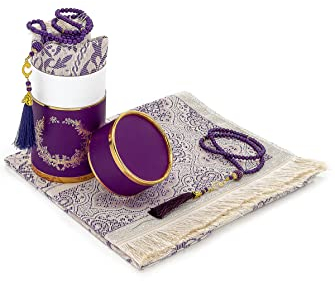 Muslimischer Gebetsteppich und Gebetskette Mit Eleganter Zylinder-Geschenkbox | Janamaz | Sajadah | Islamisches Geschenk-Set | Weiche Matte Aus Taftstoff in Lila