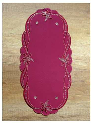 Stickereidecke Weihnachtsdecke Fanny Weinrot-Gold | 23x46 cm oval | atelier alles-Spitze Kleiner ovaler Tischläufer Weinroter Satin Goldene Stickerei | Festliche Tischwäsche