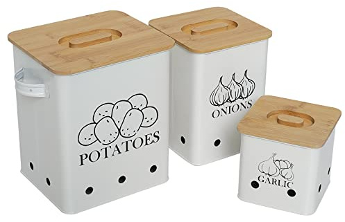 Gdfjiy Küchenbehälter-Set, Aufbewahrungsbehälter für Kartoffeln, Zwiebel und Knoblauch, 3er-Pack Set Arbeitsplatten Töpfe Behälter mit Holzdeckel, Gemüsebehälter Dose mit Belüftungslöchern, Weiß