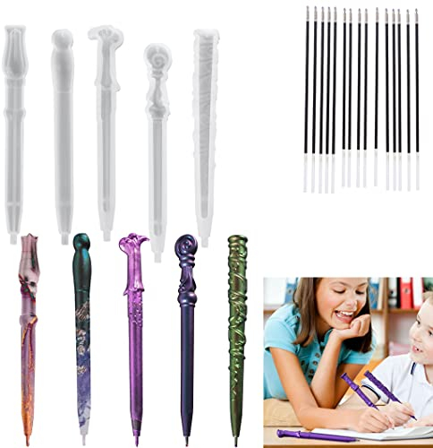 Koonafy 5pcs Kugelschreiber Silikonform + 15pcs Nachfüllungen, Stiftform Harzformen Epoxidharz Silikonform Kit Gießformen für DIY Kugelschreiber, Handwerk und Kunst, Lehrer-Schüler-Schule