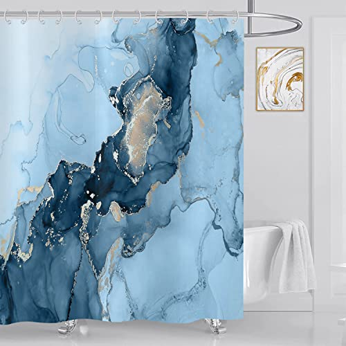 ASDCXZ Duschvorhang Marmor Blau 180x200 cm, Modern Abstrakt Blau Gold Marmor Optik Textur Waschbar Stoff Bad Duschvorhänge Polyester Textil Wasserdicht Duschvorhang für Badewanne mit 12 Hake