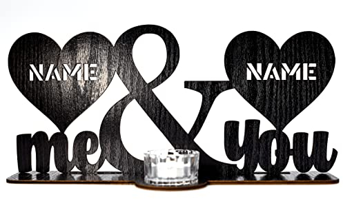 Waluna® Me & You Liebesgeschenk zum Valentinstag Teelichthalter personalisiert mit Zwei Namen Herzen zum Jahrestag Hochzeitsgeschenk mit Kerzen in 12 Farben Gechenk Tischdeko (Me & You)