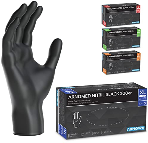 200x ARNOMED Einweghandschuhe Schwarz, Einmalhandschuhe XL, Nitrilhandschuhe puderfrei, Handschuhe Einweg latexfrei, Gummihandschuhe Einweg, Handschuhe Nitril, Einmalhandschuhe S, M, L & XL