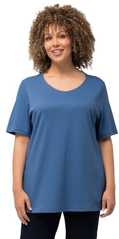 Ulla Popken Damen große Größen Übergrößen Plus Size Shirt, doppellagige Vorderseite, Slim, Rundhals, Halbarm denimblau 46+ 810528721-46+
