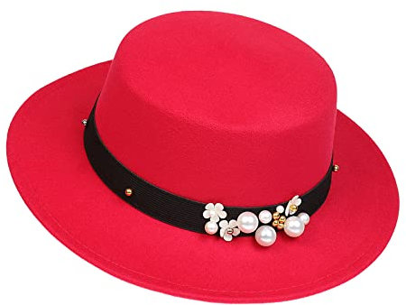 NiceYnn Classic Vintage Wool Wide Brim Flat Top Pork Pie Boater Hat, Adjustable Pearl Band Fedora Church Derby Felt Cap for Wedding Party Talent Show Red