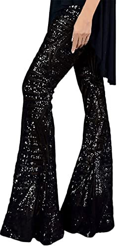 Blandoom Walking Trousers for Women Women's Casual Pants Elastic Waist Women Sequins Wide Leg Pants Fashion Shiny Hight Waist Flared Trousers Disco Dance Long Pants Party Streetwear Black