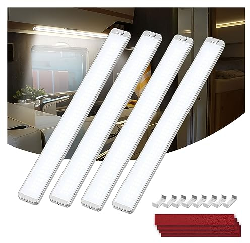 Kriogor 4 Piezas 228 LED Barra de Luz Interior Coche, 12V-85V 10W Iluminación Con Interruptor, 2000LM 6000K Tubo Lámpara Para RV, Camión, Caravana, Barco