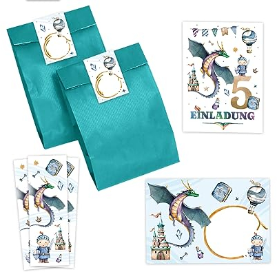 Minkocards 12 Einladungskarten zum 5. Kindergeburtstag Junge Ritter Drache Einladung zum fünften Geburtstag incl. 12 Umschläge, 12 Partytüten/petrol, 12 Aufkleber, 12 Lesezeichen Einladungsset