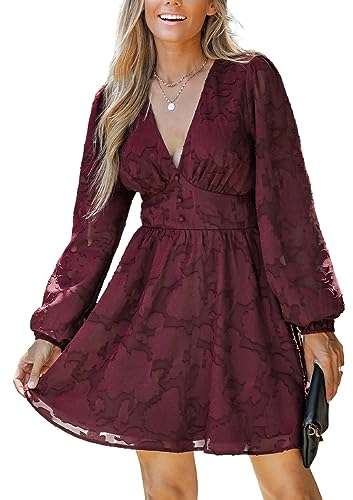 CUPSHE Damen Kleid Spitzenkleid V Ausschnitt Knöpfen Langarm Elastikbund Floral Spitze Freizeitkleider Elegant Party Mini Dress Weinrot/Elastikbund S