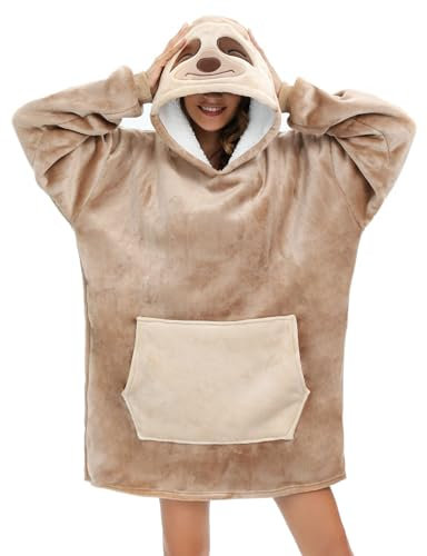 Tier Übergroße Hoodie-Decke Plüsch mit Tasche Faultier Langarm Kapuzendecke TV-Decke Sherpa Sweatshirt Decke mit Ärmeln Kapuzenpullover Kuschel Sweatshirt Wearable Blanket Oversized Unisex Erwachsene