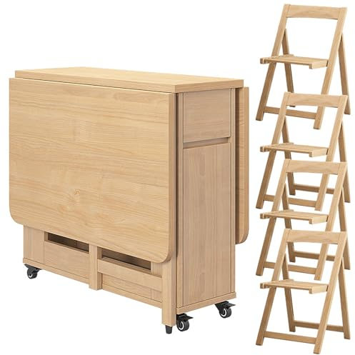 ETKIN Klappbarer Esstisch mit 4 Stühlen, Platzsparender Esstisch, Klappbarer Esstisch mit Rädern Drop Leaf Tisch Erweiterung Esstisch für Küche, Esszimmer, Wohnzimmer,Original Wood