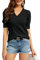 Damen Puff Kurzarm T Shirt Pullover V-Ausschnitt Feinstrick Leicht Strickpullover Basic Tops Stretch Bluse, Schwarz, S