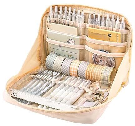 UIVXXUD Kawaii - Trousse Esthétique Grande Capacité Toile Pochette, Beige, 8.7 x 6.3 x 2.4 inches, Tous Les Jours