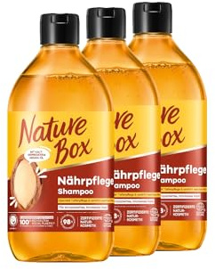Nature Box Shampoo Nährpflege (3x 385 ml), Shampoo für trockenes Haar mit kaltgepresstem Argan-Öl, Haarshampoo für intensive Pflege, Flasche aus 100% recyceltem Social Plastic