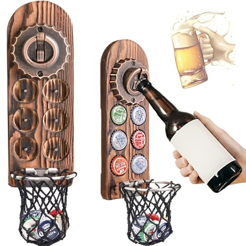 Magnétique Ouvre Bouteille Mural en Bois, Decapsuleur Mural Biere Vintage, Décapsuleur Original avec Cap Catcher, Accessoire Bar Exterieur, Biere Cadeau Homme pour Papa, Amie et Collègue (Style 6)