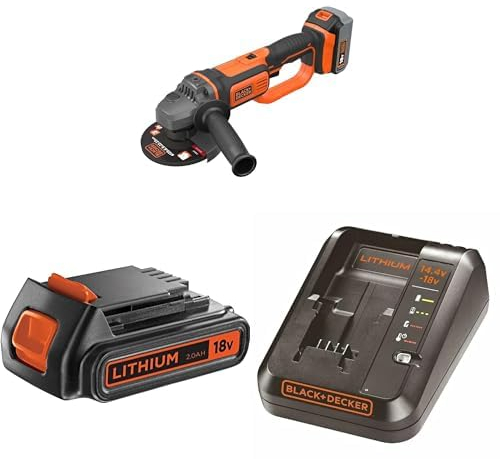 Bundle of Black+Decker BCG720N Winkelschleifer (18V, 125mm Scheiben-ø, S Slidepack Akku BL2018 (18V 2,0Ah, passend für alle Black+Decker 18V-Gartengeräte) + Black+Decker Multivolt-Schnellladegerät A
