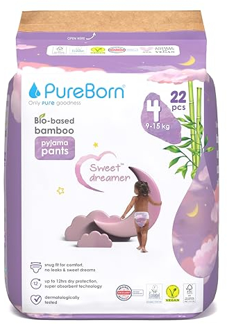 PureBorn Bio Bambus Nachtwindeln, Größe 4 (9-15 kg), 22 Stück Pyjama Windeln Pants, Auslaufschutz für die ganze Nacht, Extra Absorption, Höschenwindeln mit Geruchsschutz