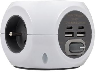 SIMON COMBIBALL - Base de Enchufe Múltiple Francesa, Regleta de Enchufes con Toma Francesa y 2 USB A + 2 USB C, 7 Tomas de Carga, Ladrón de Enchufes con Interruptor, Color Blanco