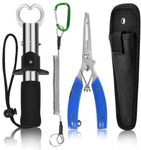 Fishing Tools Kit-Fishing Plier,Fish Gripper,Muti-Function Line Cutter Hook Remover and Split Ring Pliers for Fly Fishing,Ice Fishing,Set Saltwater Fishing Gear with Sheath Lanyard,FishingGift for Men