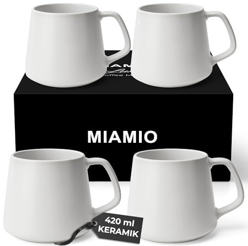 MIAMIO - Coffee Mugs Set of 4 / Large Ceramic Coffee Cups (420 ml) - Mug for Cappuccino, Tea, Espresso - Microwave and Dishwasher Safe - Luxe Collection (White)