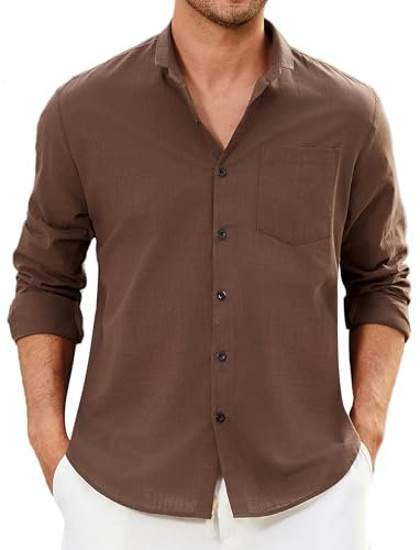 Enlision Mens Brown Linen Shirts Long Sleeve Shirt Button Down Henley Shirts Cotton Casual Summer Shirt Beach Lightweight Holiday with Pocket L