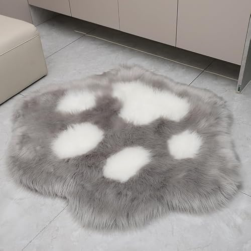 YUGWNN Niedlicher Teppich Katzenpfoten,Longhair Fell Optik Nachahmung Wolle Bettvorleger,Bettvorleger Waschbarer Teppich Hochflor Shaggy,100x85cm/39.3x33.4in,Grau