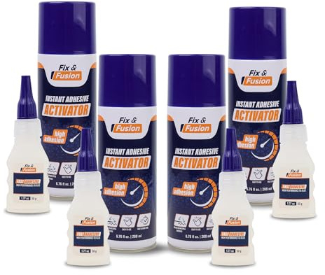 FIX & FUSION Ca Super Glue (50 gr) with Activator Spray (200 ml) Set, Fast Adhesive/Cyanoacrylate Glue & Instant Activator for Woodworking, Plastic, Rubber, Granite, DIY (4 Pack)