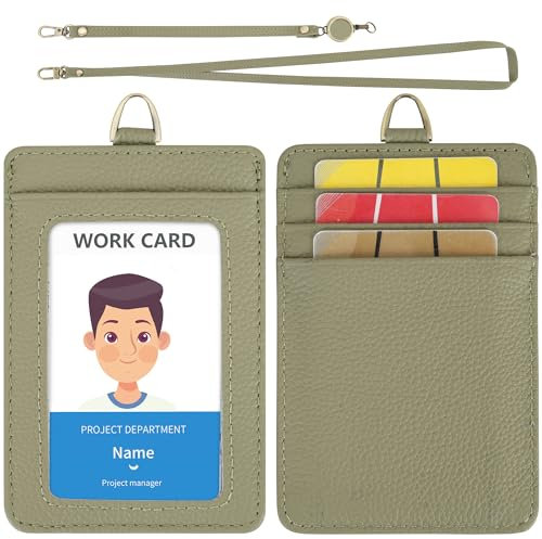 Wason Porta Badge in Vera Pelle con Laccetto Rimovibile, Cinturino a Mano e Mulinello Retrattile, 5 slot per carte di credito per studenti infermieri dottori ingegneri autisti (Verde)