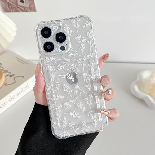 DEFBSC Case for iPhone 12 Pro Max, Transparent Back Card Holder Case, Floral Flower Pattern Print Design for Women Girl Soft Clear TPU Shockproof Protective Phone Case - Sketch Flower