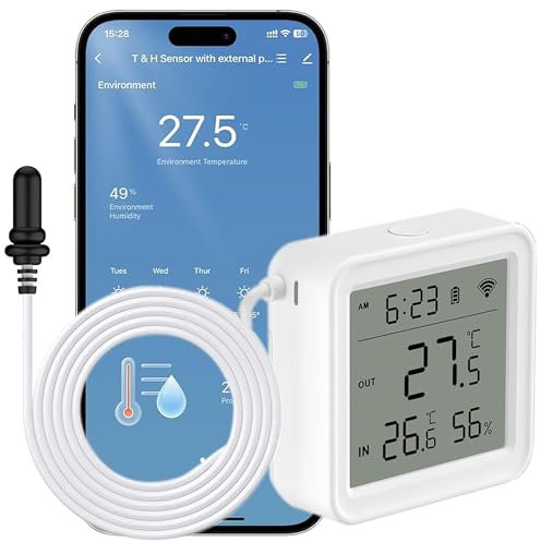 Comboss WiFi-Hygrometer Thermometer-Sensor - kabelloser Temperatur- und Feuchtigkeitssensor für den Innen- und Außenbereich mit externer Sonde (Standalone-Version mit externer Sonde)
